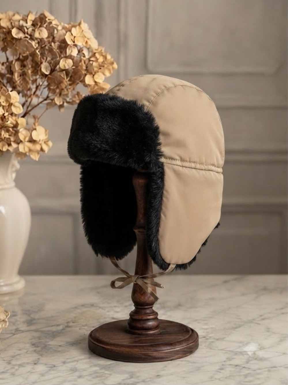 Ganka GKS Unisex Aviator Trapper Hat Sand & Black Faux Fur